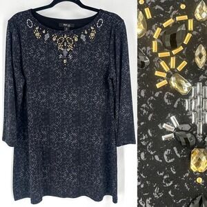 NWT Style Co Black Snake Print Embellished Beaded Top Size L Stretch‎ Glam Party